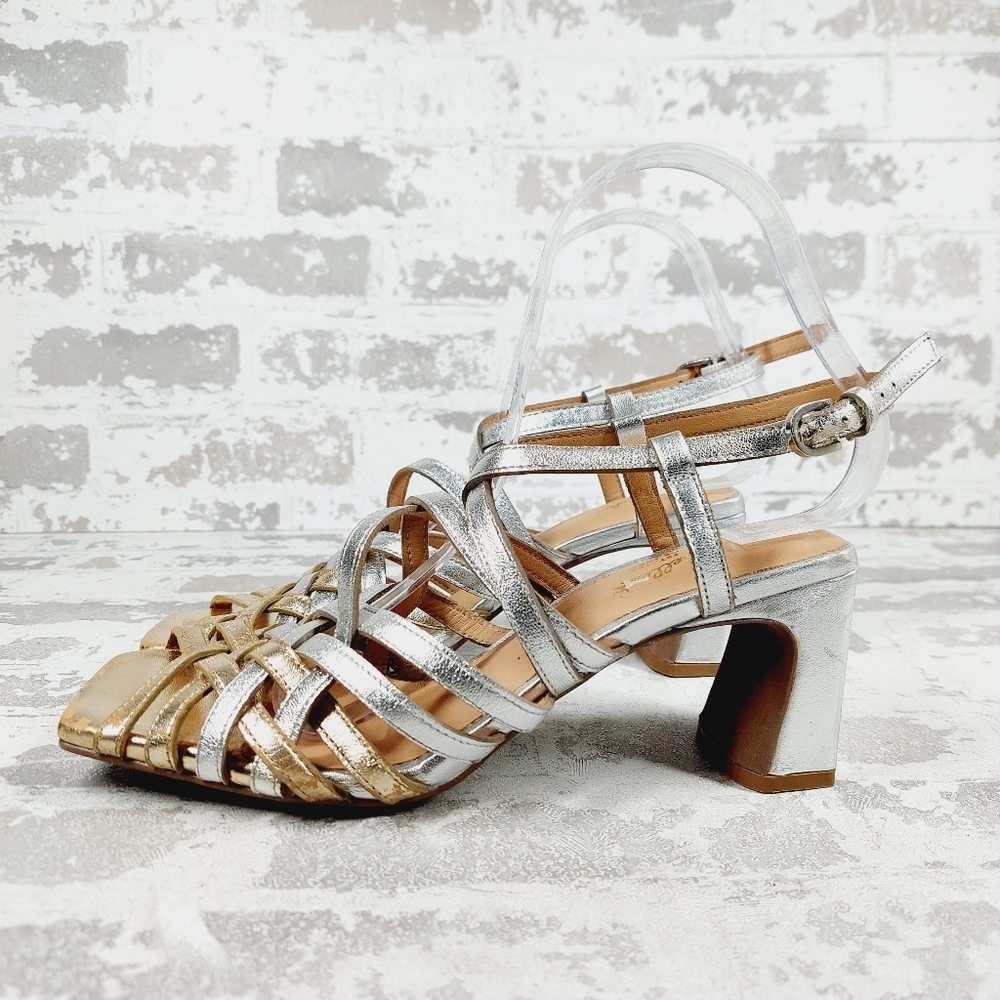 Seychelles Metallic Silver and Gold Strappy Block Heel Sandals
